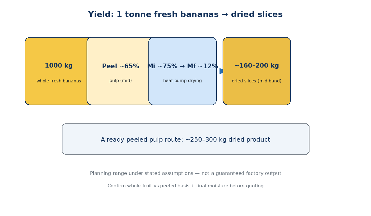 Yield illustration one tonne fresh bananas to dried slices range