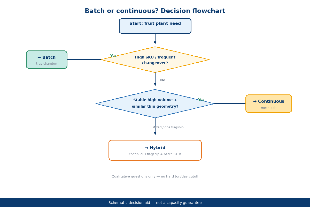Fruit plant decision flowchart batch or continuous dehydrator