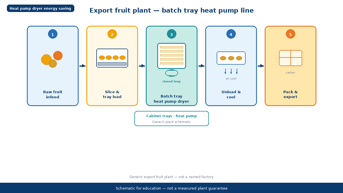 Batch tray heat pump dryer in fruit processing plant