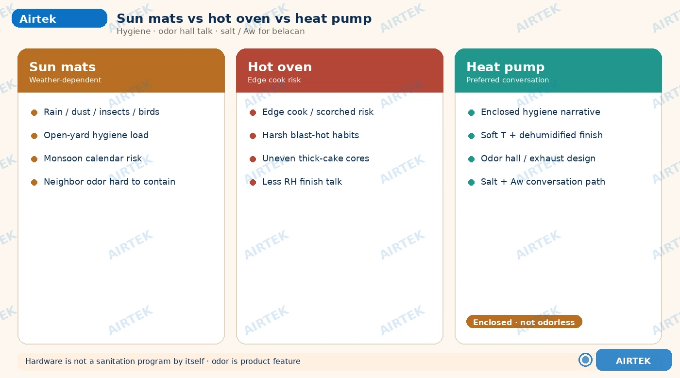 Sun drying vs heat pump dryer hygiene odor control for belacan