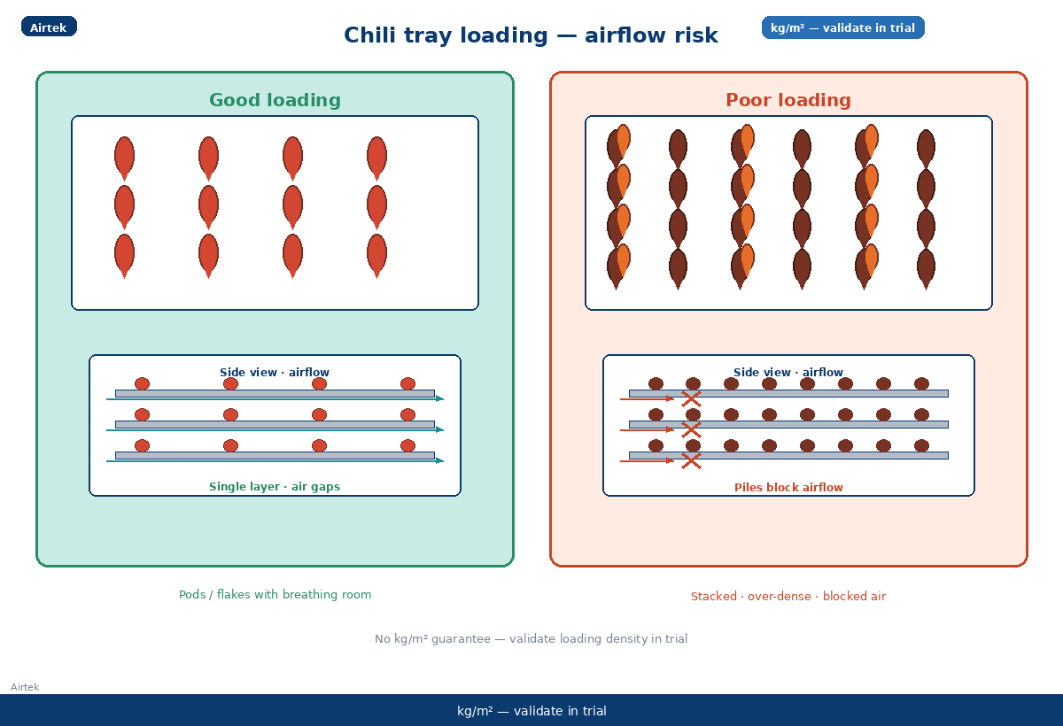 Tray loading density risk for red pepper dehydrator