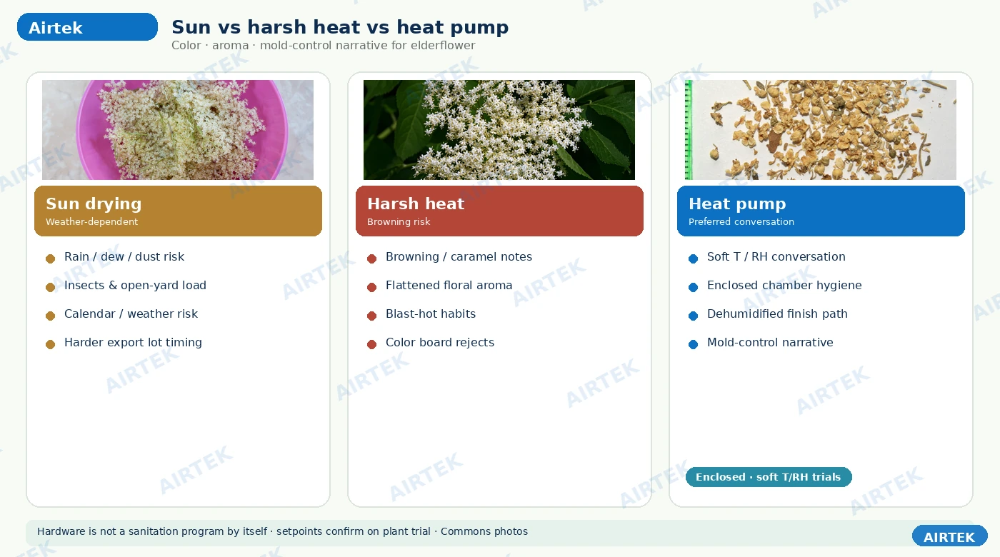 Sun drying vs heat pump dryer color aroma mold control for elderflower
