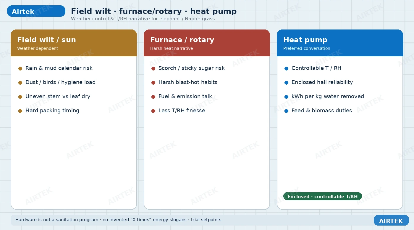 Sun field wilt vs heat pump dryer weather control for elephant grass