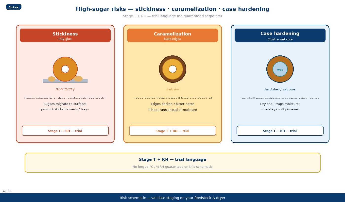 High sugar stickiness caramelization case hardening risk schematic