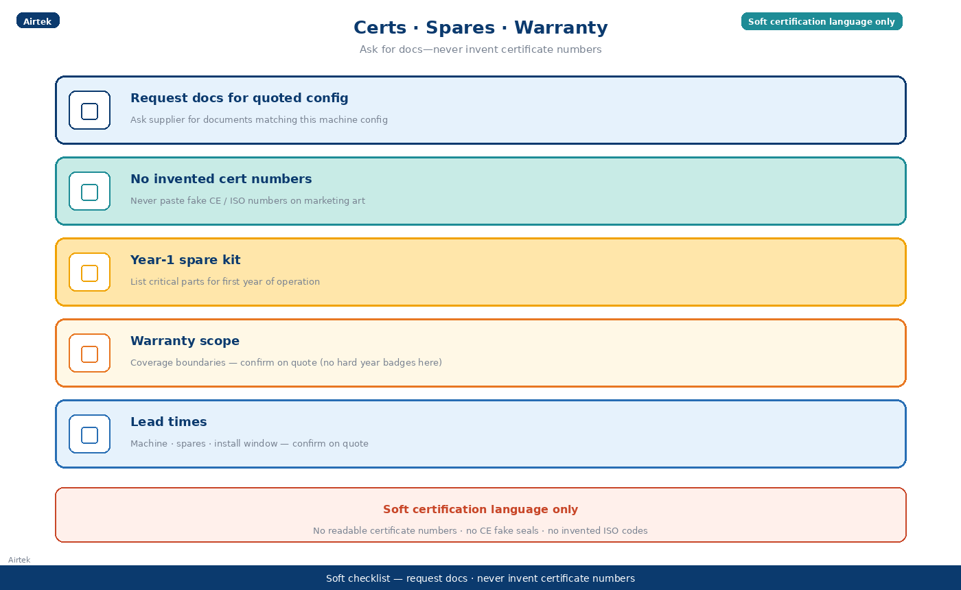Certifications spare parts warranty soft checklist